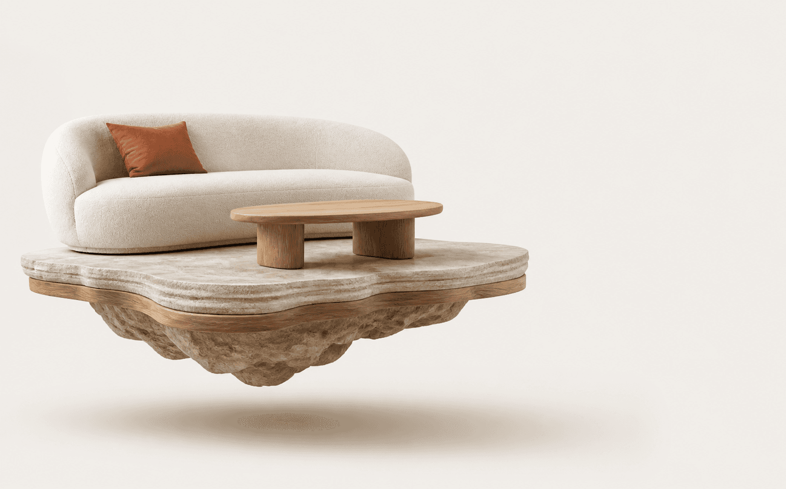Curved cream sofa and oak table floating on a sculptural travertine platform